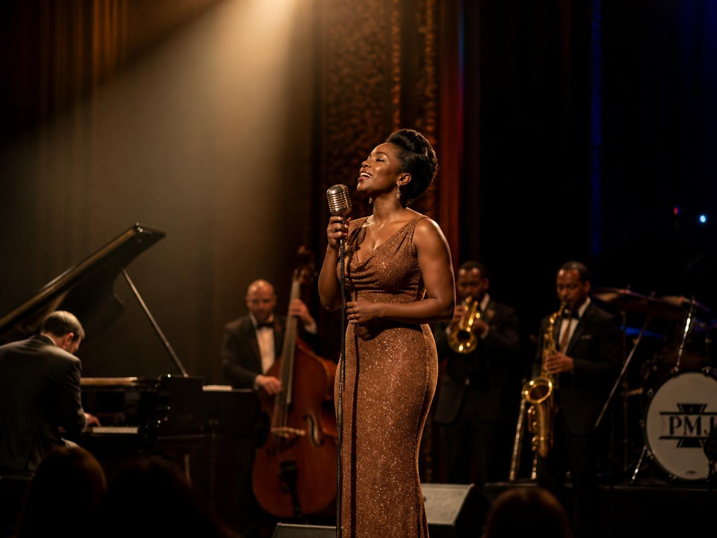 Singer performing with a live band in an elegant theater
