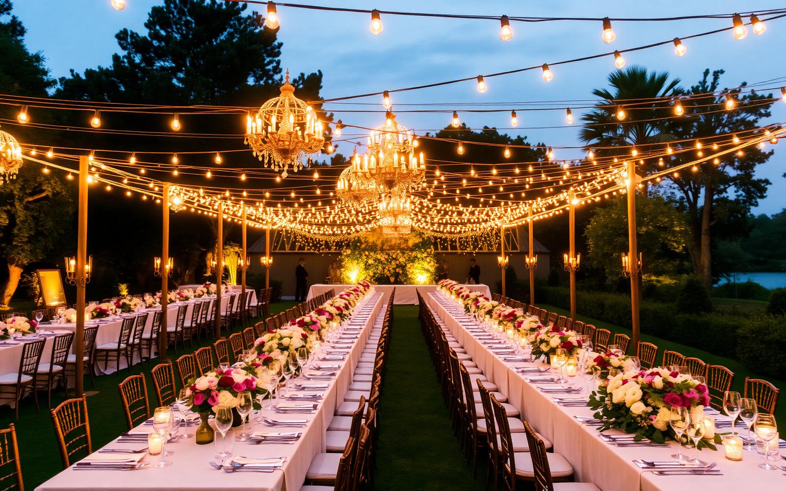 Elegant outdoor reception at dusk lit by chandeliers and string lights